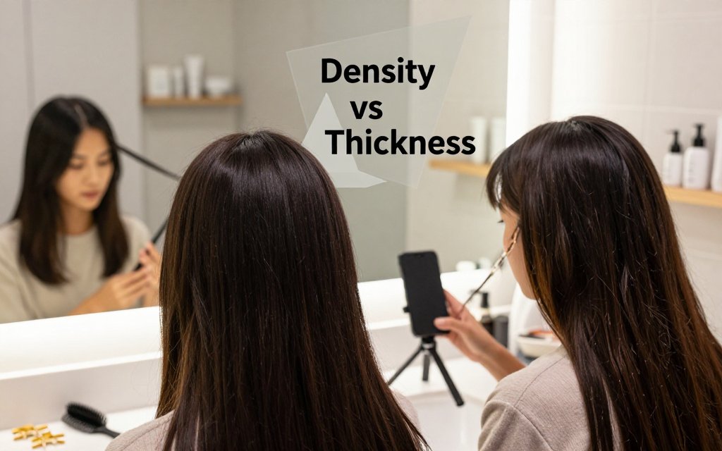 Two women at a bathroom vanity comparing a clean center part to show hair density versus strand thickness; comb, clips, and a phone tripod on the counter; geometric text overlay reads “Density vs Thickness”.