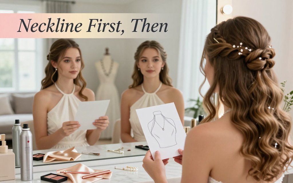 Editorial photo of a teen at a vanity comparing up, down, and half-up hairstyles based on dress neckline, with styling tools and a gradient text banner reading "Neckline First, Then".