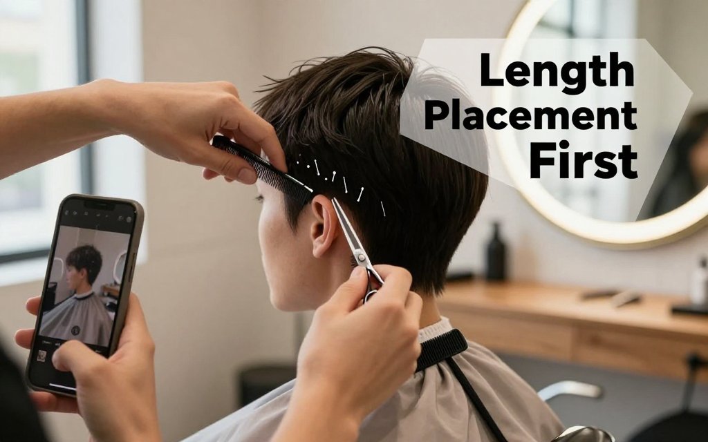 Stylist measures bixie cut length placement at ear and jawline with a phone selfie grid in a softly lit salon.