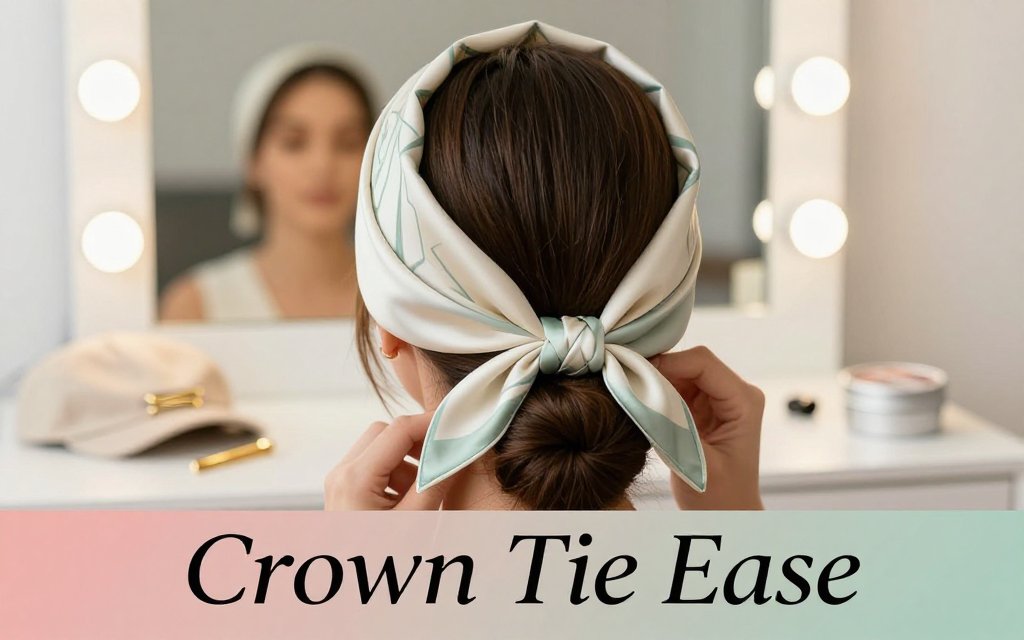 Editorial beauty photo of a woman tying a silk headscarf in a classic crown tie with a flat knot, shown at a home vanity with pins and an under-cap nearby.