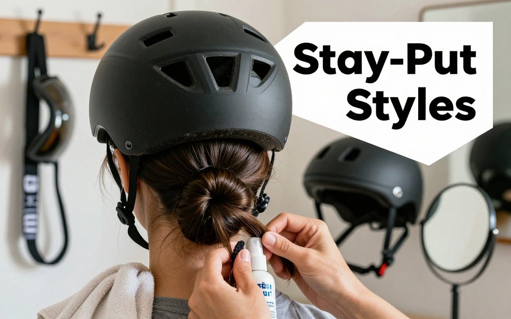 Rider styles a low nape bun and braids beside a bike helmet for a smooth helmet fit, with text overlay about stay-put styles.
