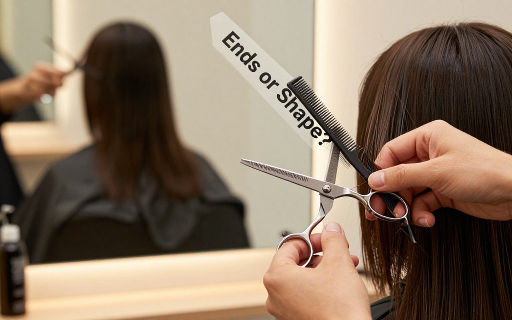 Hairstylist compares trimming ends versus cutting for shape, with measuring comb and mirror reflection of hair silhouette.