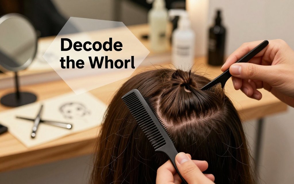 Macro editorial photo of a stylist parting hair to show a crown whorl cowlick, with salon tools and notes in soft focus.