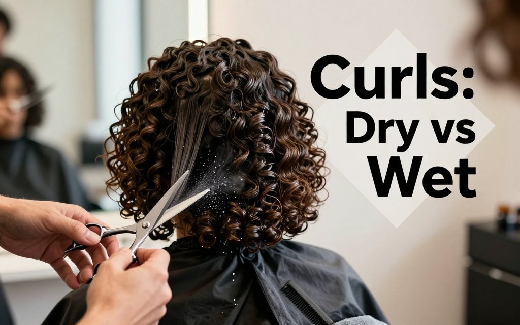 Salon scene showing a curly-haired client with half dry and half damp hair as a stylist trims curl clumps, illustrating dry cut vs wet cut.