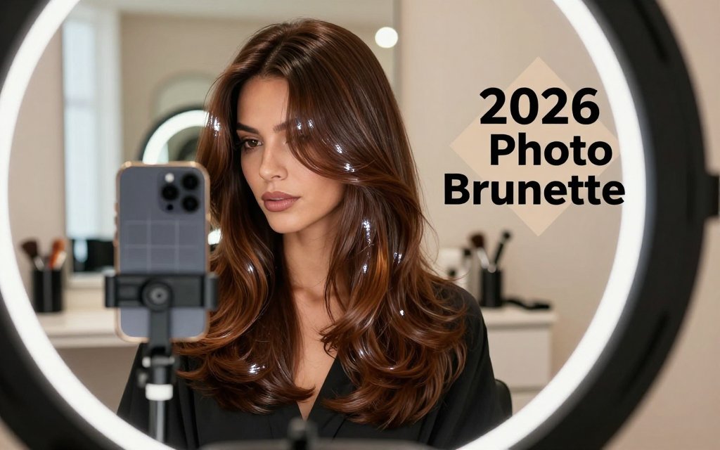 Editorial beauty photo of a brunette at a vanity being photographed by a phone on a tripod, showing deep, glossy, dimensional hair under ring light with text overlay.