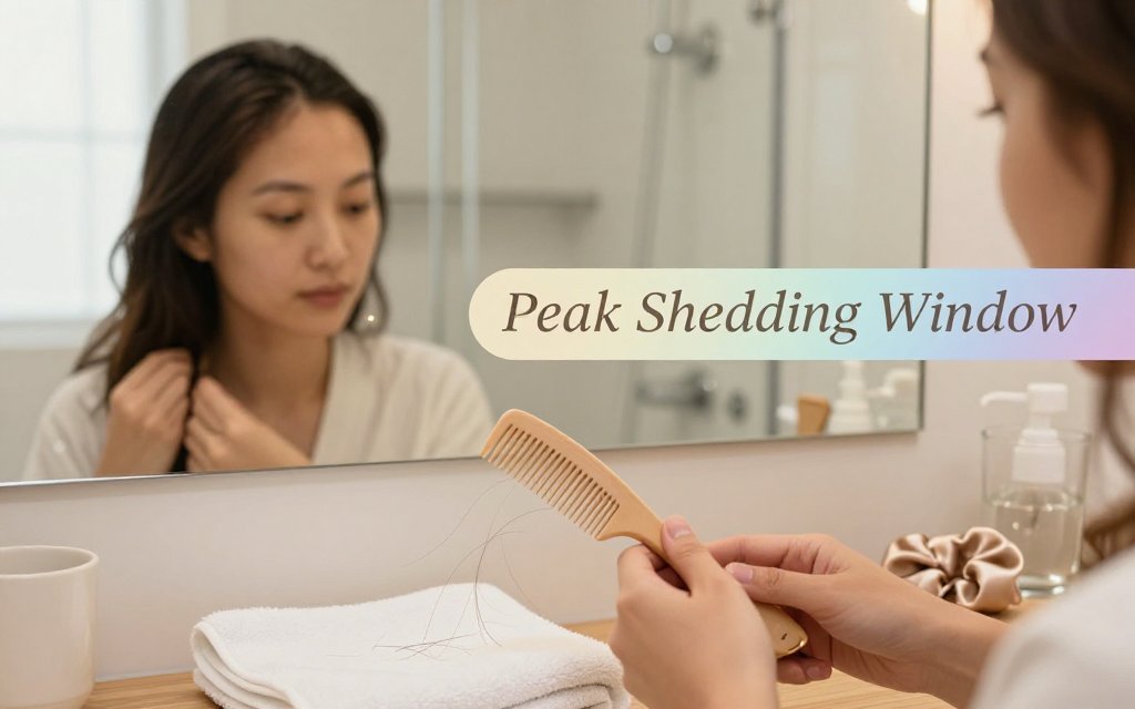 Postpartum person at a bathroom vanity parting hair to show regrowth and mild thinning, with a gradient banner reading Peak Shedding Window.