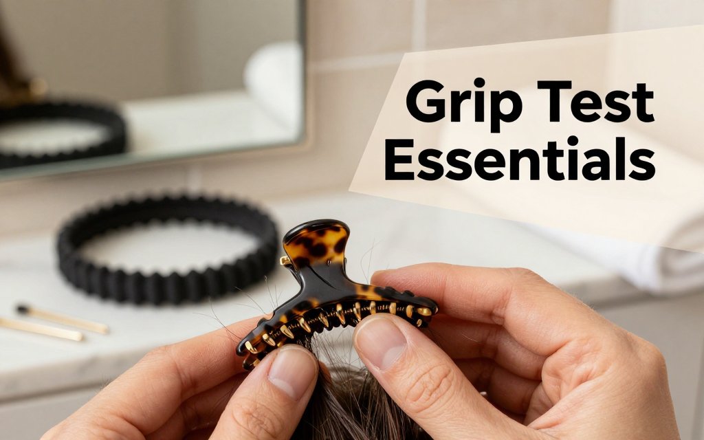 Hands twist a small hair section and clamp a matte claw clip close to the scalp on a marble vanity with hair accessories, illustrating how to choose gripping hair accessories.