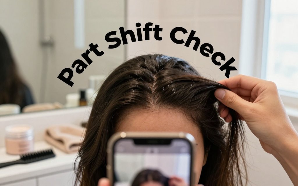 Hands use a phone to check a hair part at the crown on a bathroom vanity with comb and dry shampoo, highlighting swirl and scalp contrast.