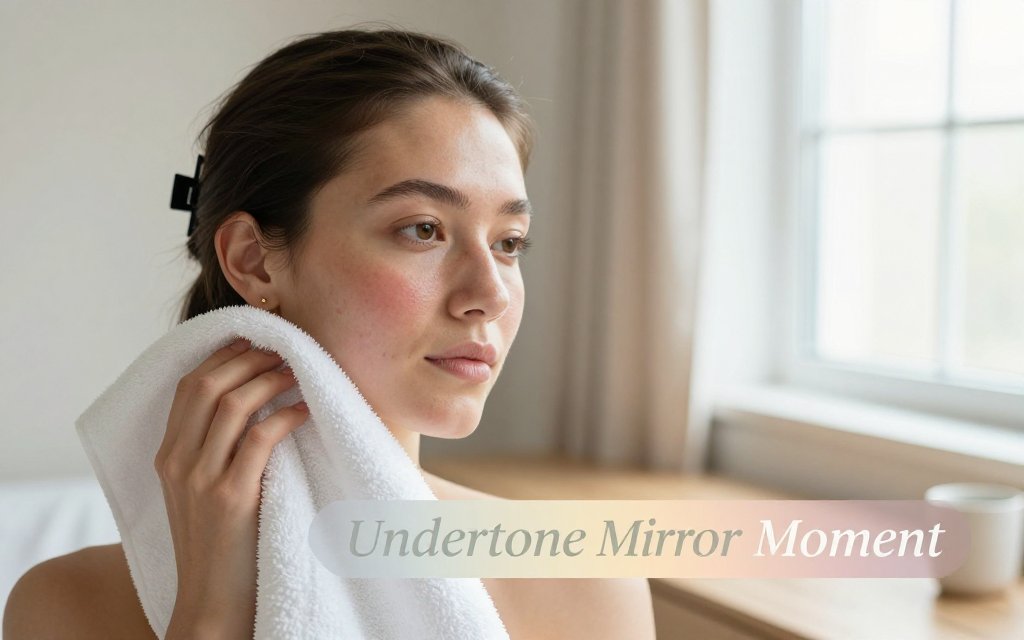 Person holds a true white towel to their cheek near a window to compare skin undertone, with hair clipped back and soft daylight.