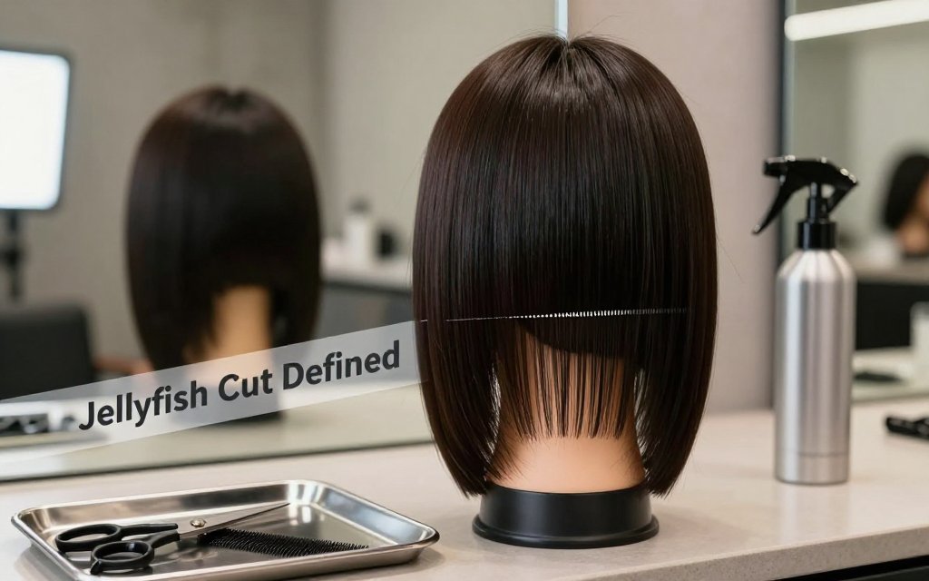 Editorial salon photo of a mannequin showing a jellyfish haircut with a short top layer and long bottom layer separated by a visible weight line, with tools in the foreground and text overlay.