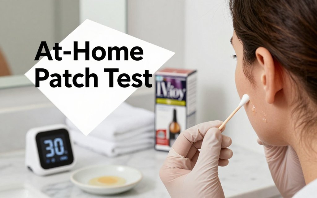 Person applying a small hair dye patch test behind the ear on a bathroom counter with timer and dye kit visible.