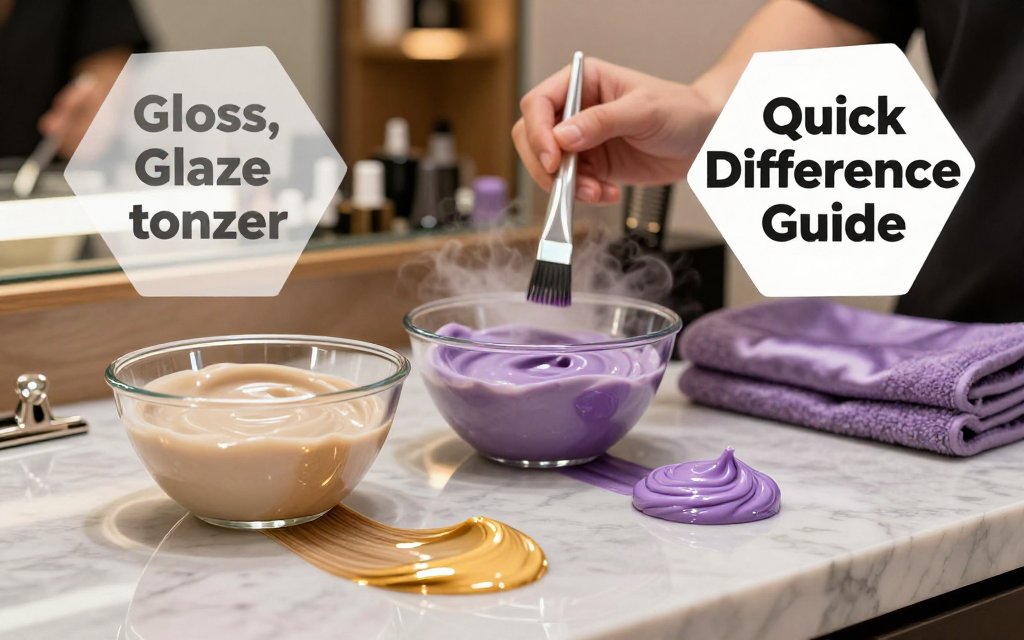 Beauty still life comparing hair gloss, glaze, and toner with bowls and color swatches showing shine refresh versus tone correction in a salon setting.