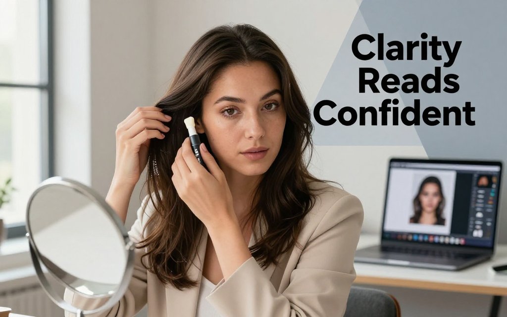 Professional woman in a home office smoothing flyaways and adjusting hair part for a confident LinkedIn headshot, with text overlay.