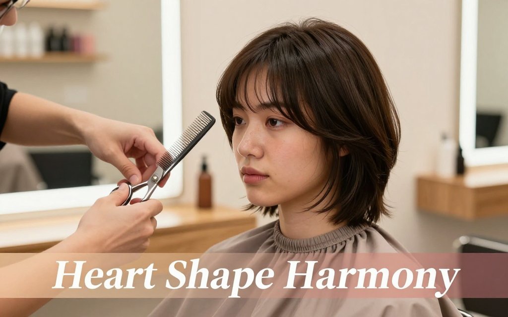 Stylist adjusts soft layered haircut on a model with a heart-shaped face, showing controlled temple volume and jaw-softening movement in a salon setting.