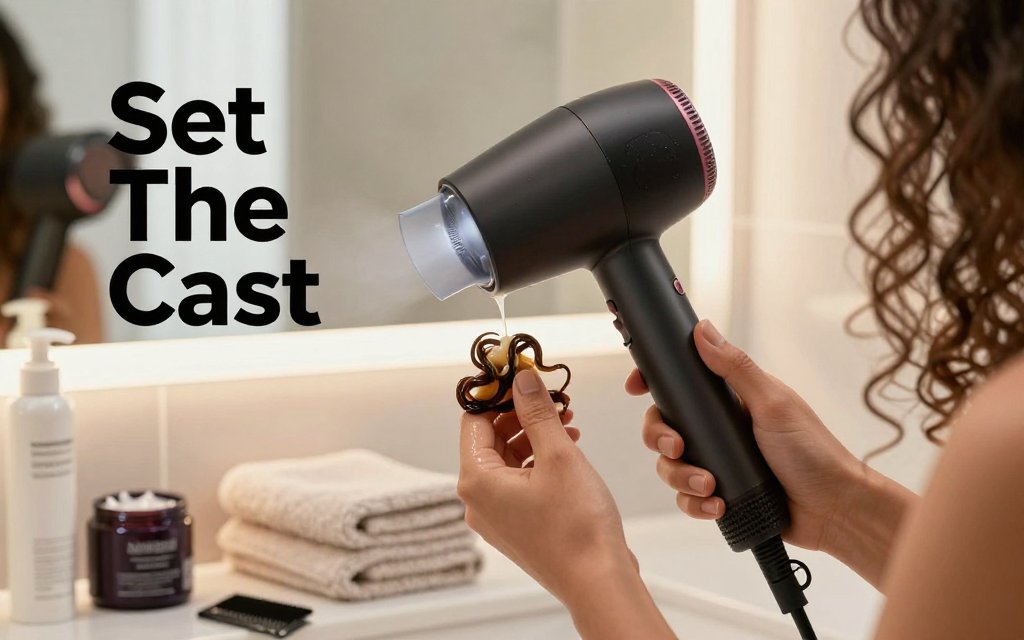 Person hover diffusing curly hair from a short distance to reduce frizz while curl clumps set, with styling products on the counter and text overlay "Set The Cast".