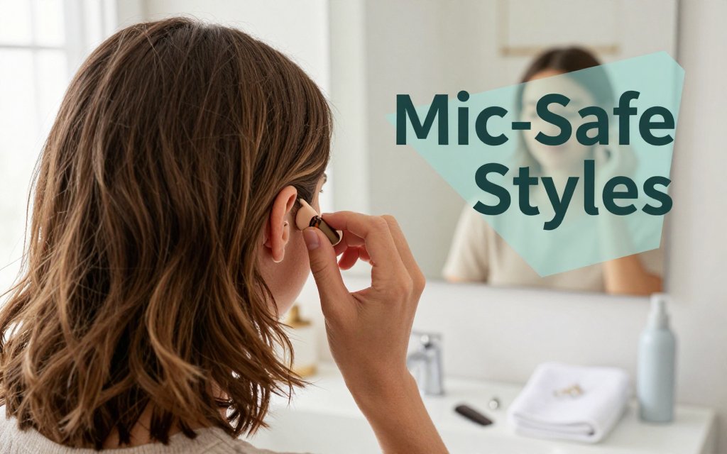 Person pinning hair away from a behind-the-ear hearing aid in a bright bathroom, with styling tools on the vanity and text overlay about mic-safe hairstyles.