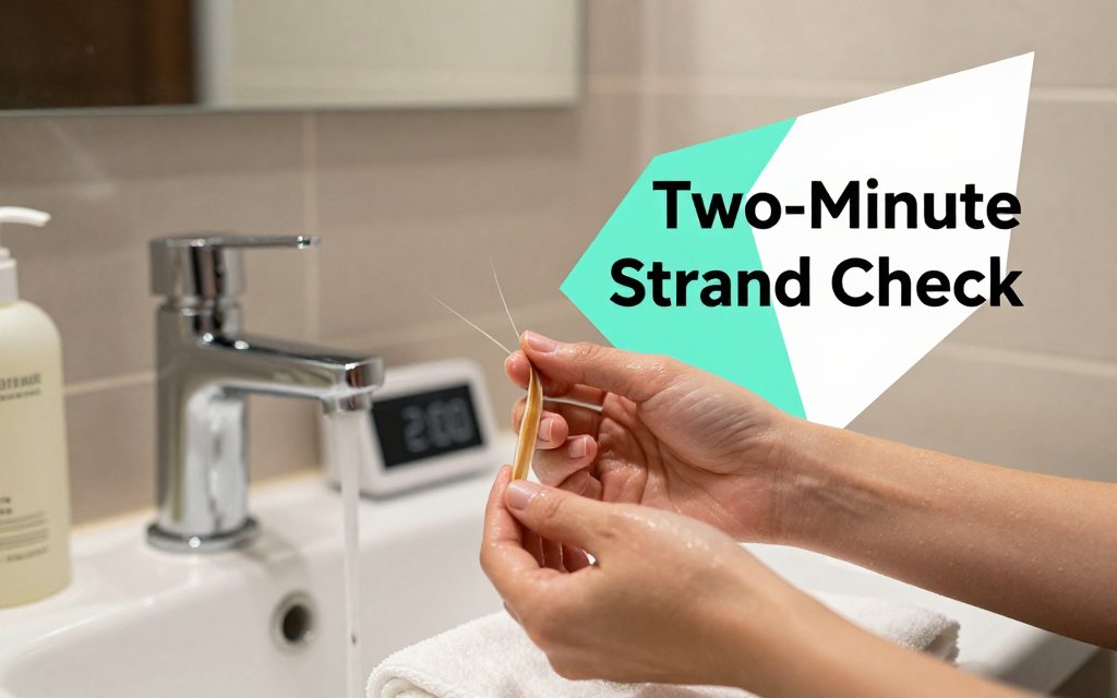 Hands gently stretching a damp hair strand over a sink with a towel and timer, illustrating a quick protein vs moisture test.