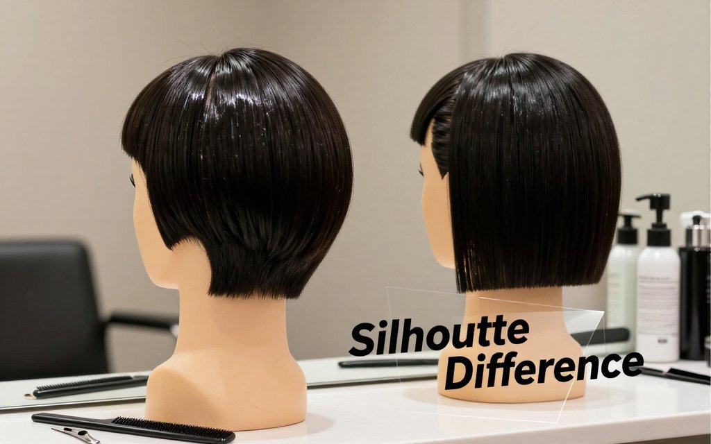 Two mannequin heads on a salon counter compare an Italian bob with a rounded, glossy curve and a box bob with a blunt, squared silhouette; geometric text overlay reads “Silhouette Difference.”