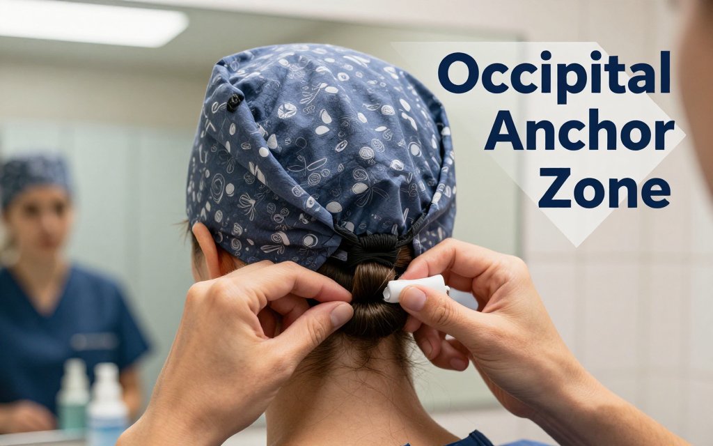 Hands form a low looped ponytail at the nape under a tie-back scrub cap, illustrating an occipital anchor that prevents slipping.