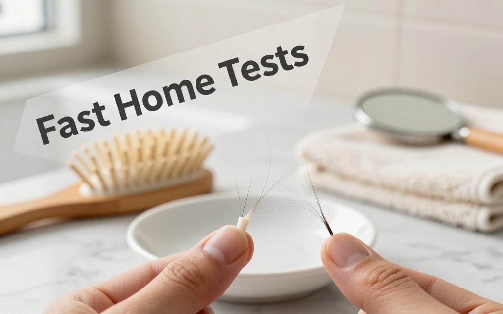 Macro photo of fingertips holding hair strands showing white bulb roots and snapped ends on a bathroom counter, with text 'Fast Home Tests'.