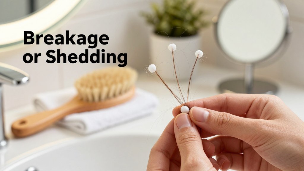 Hands holding a few hair strands over a sink to compare shedding bulbs versus breakage ends, with brush and towel nearby.