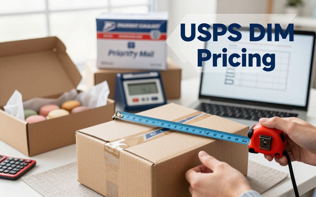 Hands measure a large lightweight USPS Priority Mail box beside a scale and laptop illustrating dimensional weight pricing.