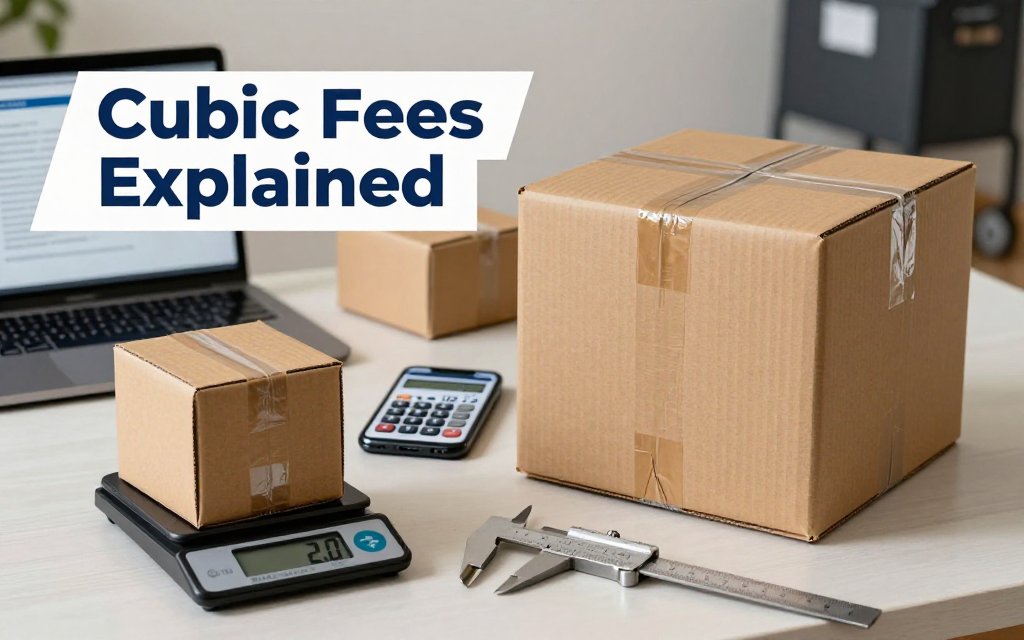 Home office shipping setup comparing a small dense box and a larger box, with scale and measuring tools illustrating USPS cubic pricing and why adjustment fees happen.