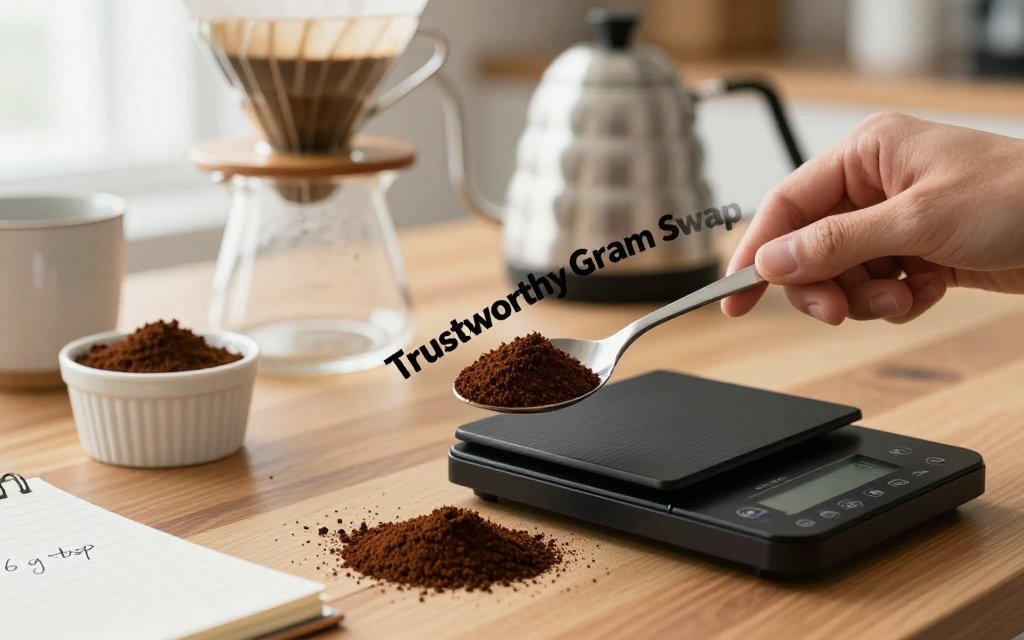 Hands leveling a tablespoon of coffee grounds next to a digital scale with pour-over tools on a kitchen table, illustrating a reliable tablespoon-to-grams conversion.