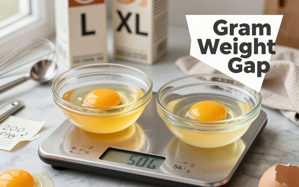 Kitchen scale comparing large and extra large eggs in grams with bowls of cracked eggs and a recipe card.