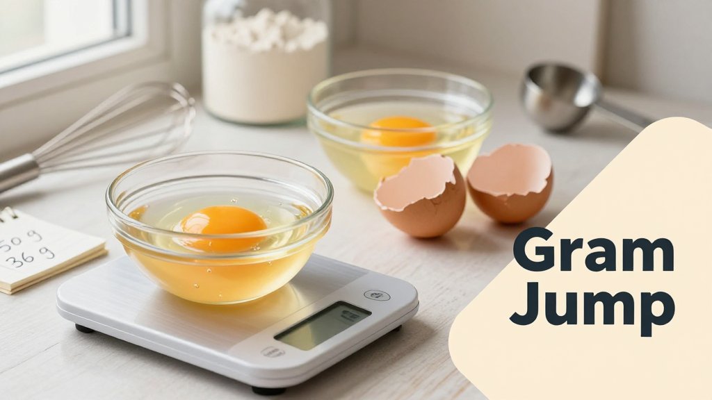 Two cracked eggs labeled large and extra large on a kitchen scale showing 50 g vs 56 g edible weight, with baking tools in the background.