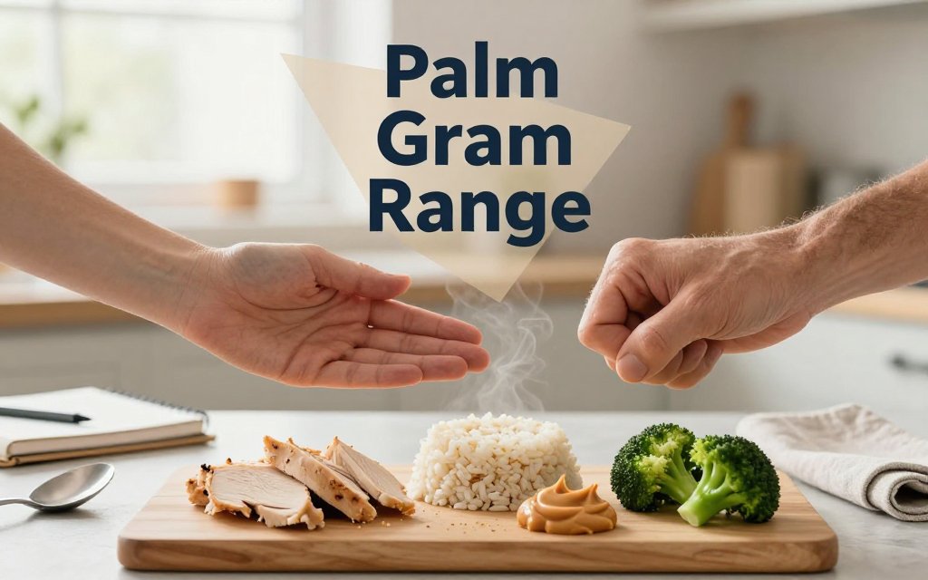 Hands showing portion sizes next to cooked chicken, rice, peanut butter, and broccoli with a palm-to-grams text overlay in a bright kitchen scene.