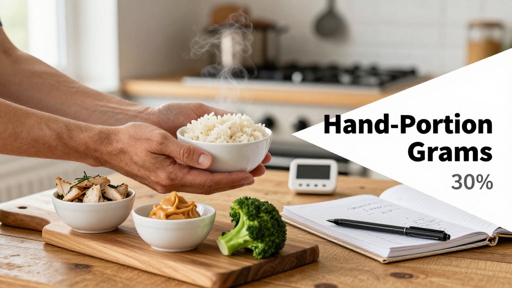Hands demonstrating palm, cupped hand, thumb, and fist portions with chicken, rice, peanut butter, and broccoli on a kitchen table; text reads Hand-Portion Grams.