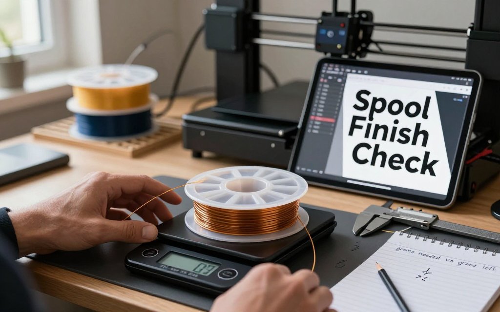 Hands weigh a filament spool on a kitchen scale while checking slicer gram estimates on a tablet, with 3D printer blurred in the background.