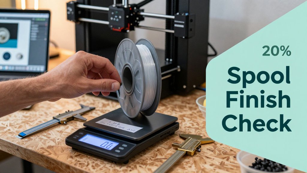 Hands weigh a partially used 3D printer filament spool on a kitchen scale beside a slicer estimate note, with a printer and laptop in the background.