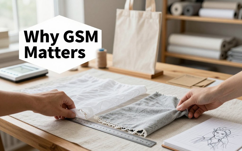 Hands compare light and heavy cotton swatches on a craft-room table to illustrate why fabric GSM matters.
