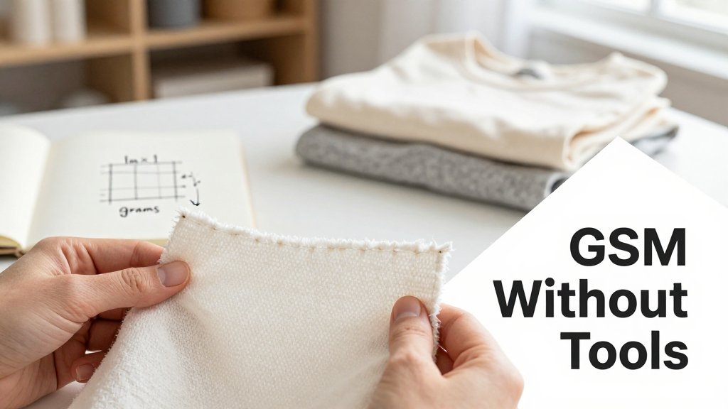 Hands comparing two cotton fabric swatches with a notebook showing a 1m×1m sketch, illustrating how to understand fabric GSM without tools.