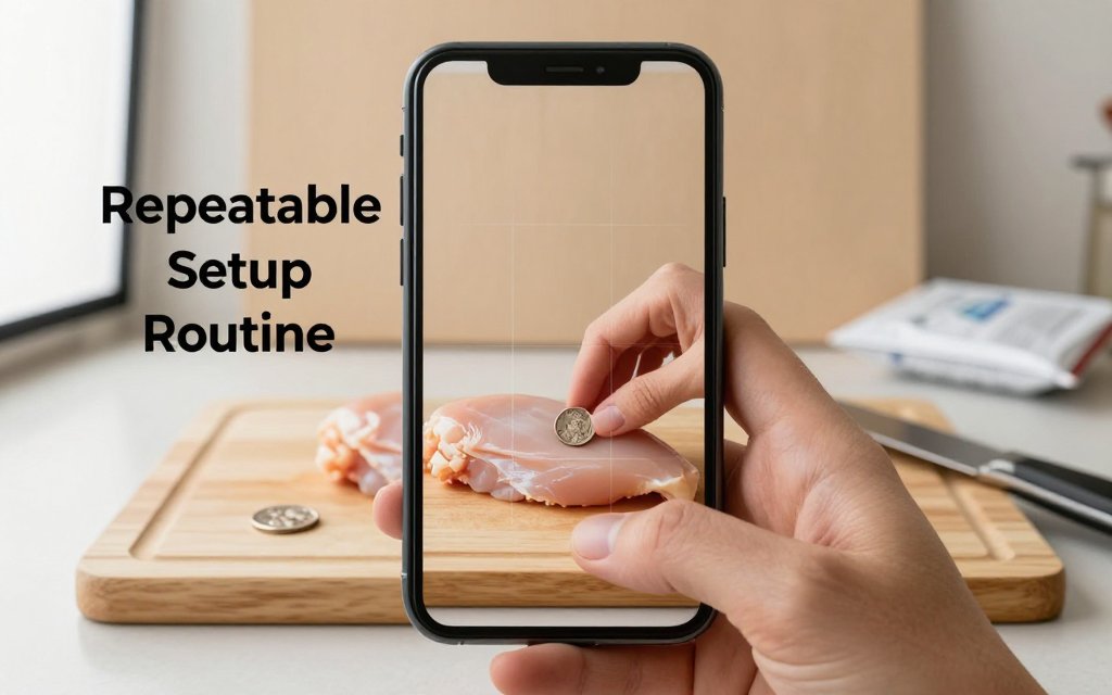 Phone photographing chicken breast with a nickel reference on a matte cutting board in a clean, repeatable setup.
