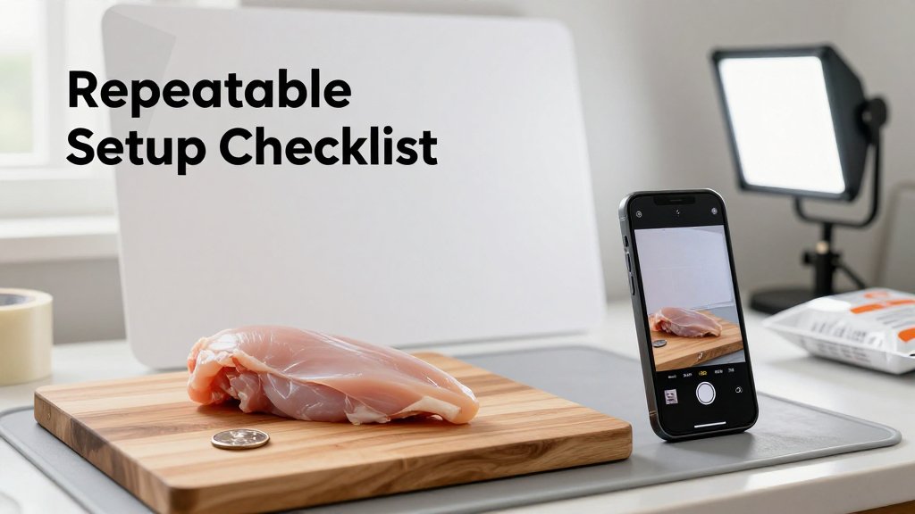 Smartphone photographing a consistent photo-weighing setup: chicken breast on matte cutting board with a nickel reference and a clean backdrop, lit for accuracy.