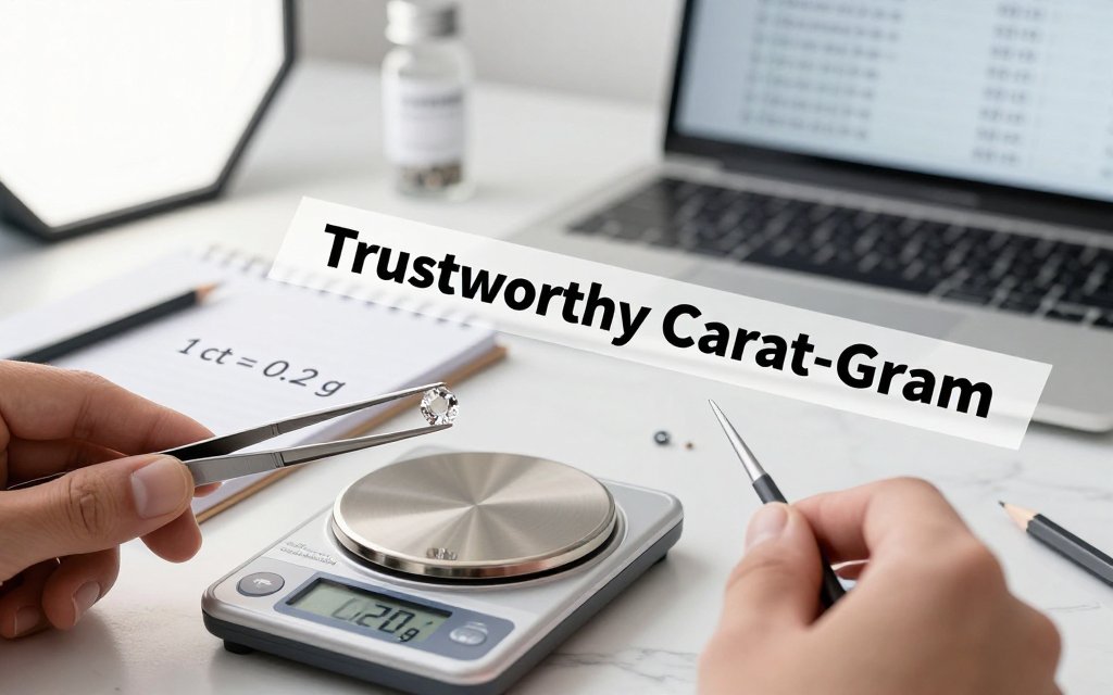 Jeweler’s hands hold a gemstone over a digital scale reading 0.20 g with notes showing 1 carat equals 0.2 grams.