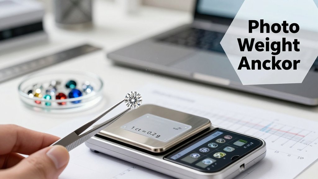 Macro photo of a diamond on a digital scale beside a phone, illustrating the conversion of carats to grams for estimating gem weight from photos.