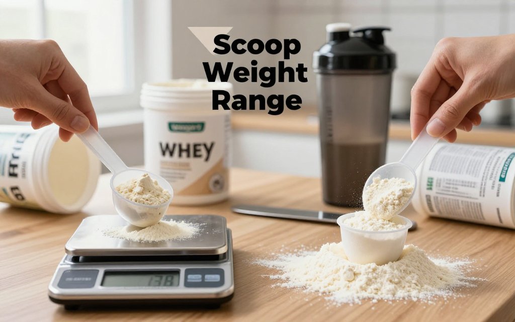 Two protein powders in identical scoops on a kitchen table, weighed on a digital scale to show different gram amounts despite same volume.
