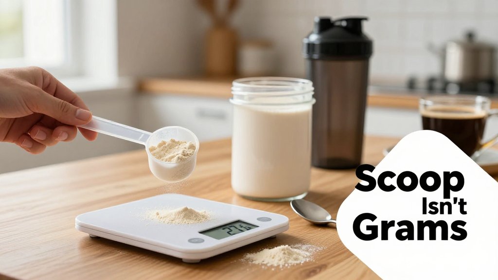Kitchen table with protein powder scoop over tub and digital scale showing 27 g, illustrating that scoops measure volume not weight.