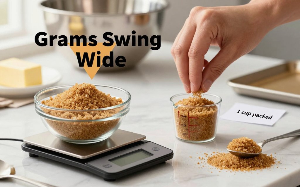 Kitchen scale comparison of loose and packed brown sugar showing how weight changes with packing.