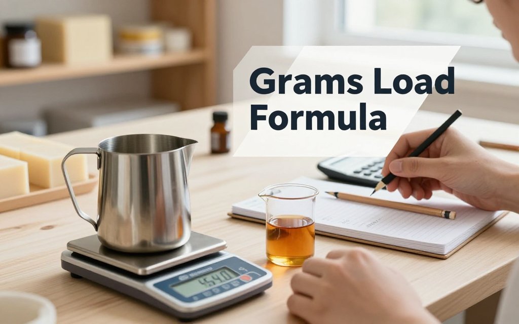 Hands in a candle-making workshop calculating fragrance oil grams from wax weight using a scale, notebook formula, and calculator.