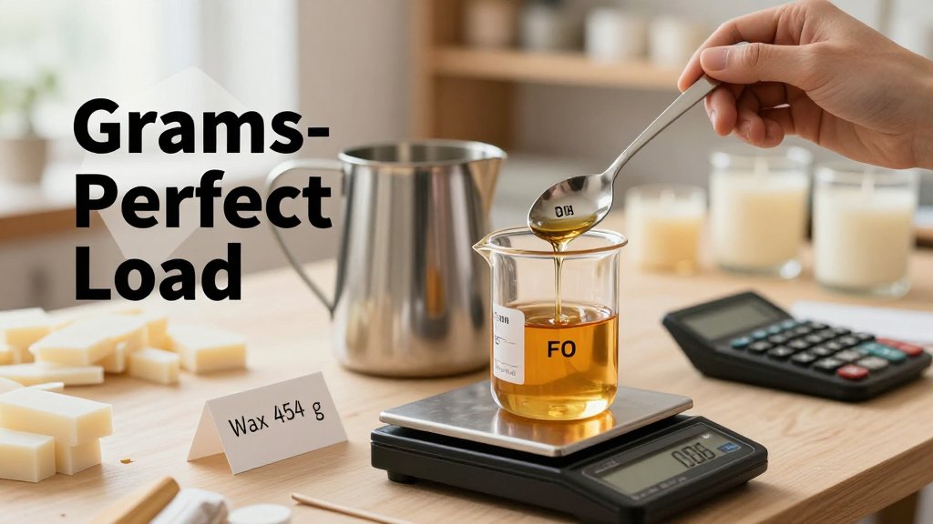 Hands in a candle-making workshop weigh fragrance oil on a digital scale next to a wax pitcher, calculator, and formula note card, with shelves of supplies blurred behind.
