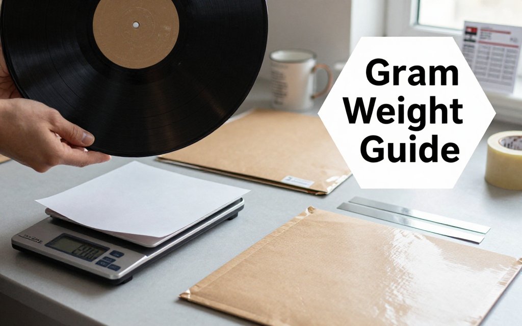 Hands weigh a vinyl record, sleeve, and jacket on a gram scale next to a mailer and stiffeners on a kitchen table.