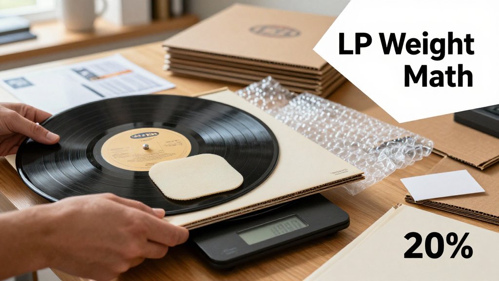 Hands weigh a vinyl record and jacket on a kitchen scale with shipping mailer materials nearby and text overlay about LP weight.