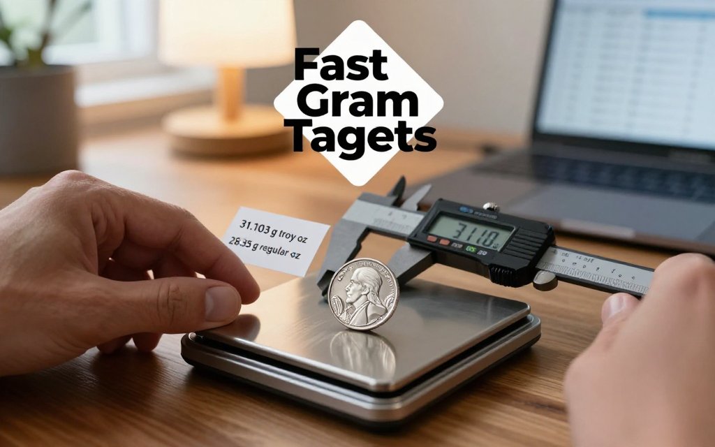 Hands weighing a 1 oz silver bullion coin on a digital scale showing 31.10 g, with caliper and troy vs regular ounce note card on a home office desk.