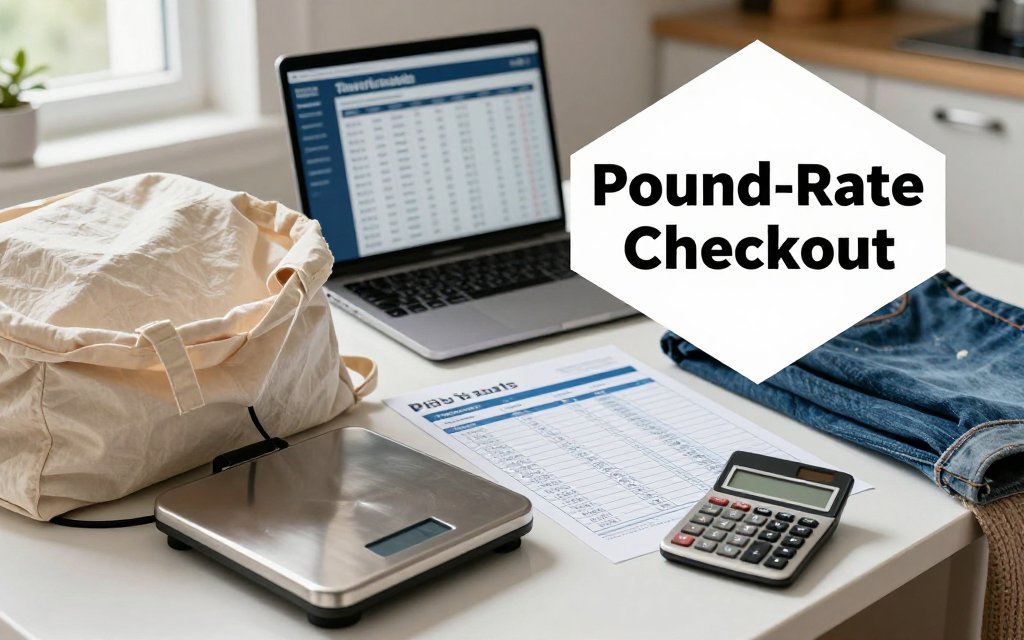 Kitchen table scene with a digital scale weighing a tote, calculator and price-per-pound chart, thrift items showing heavy vs light picks, and an overlay reading “Pound-Rate Checkout”.