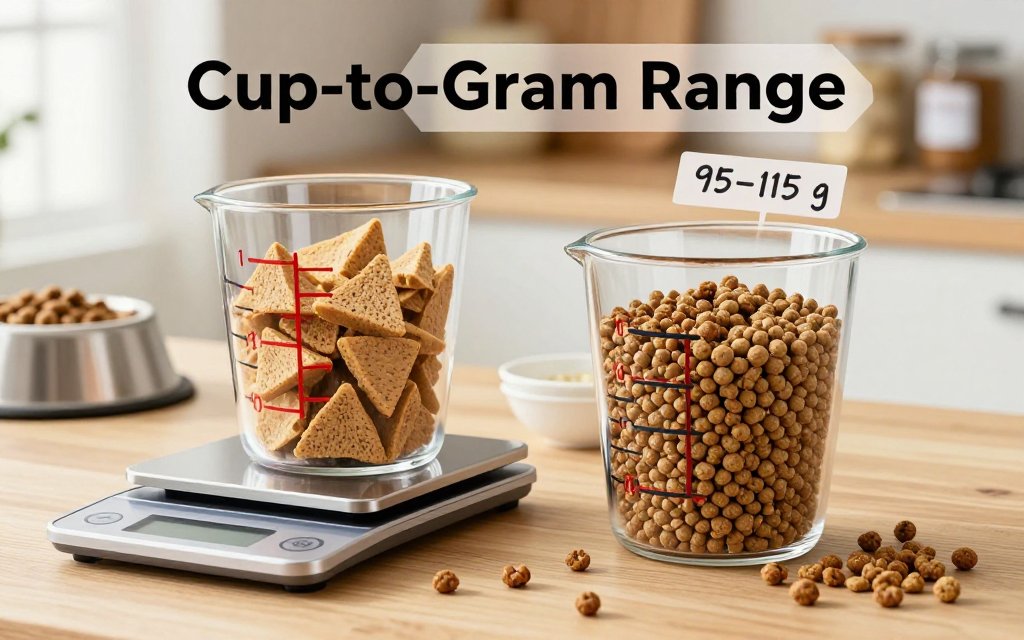 Two measuring cups of kibble with different shapes and densities shown on a digital scale, illustrating grams per cup variation, with a kitchen background.